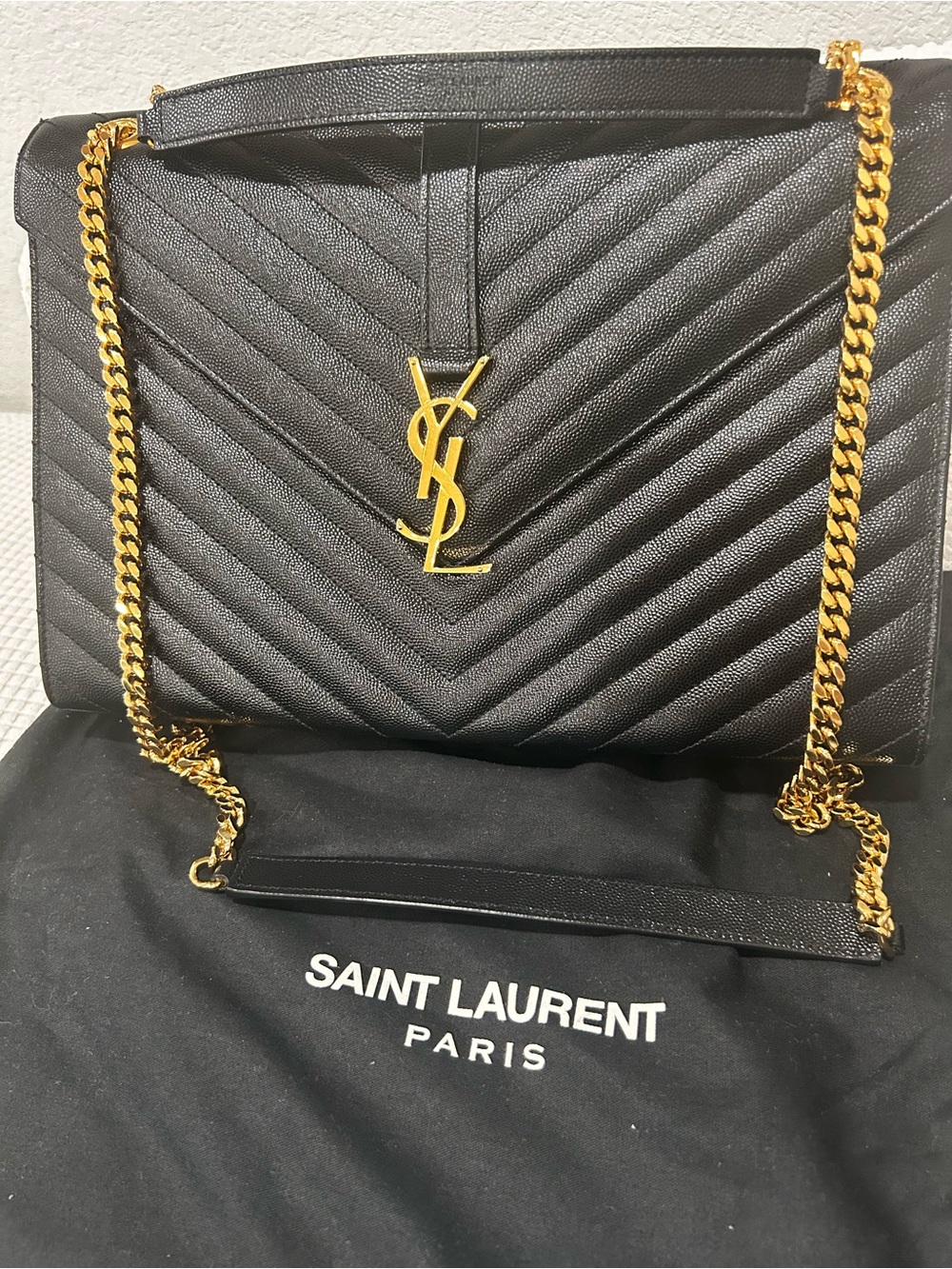 Authentic Saint Laurent Grain De Poudre Matelasse Chevron Large Satchel Bag